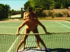 Blonde bimbo gets aced hard on the tennis court in summer